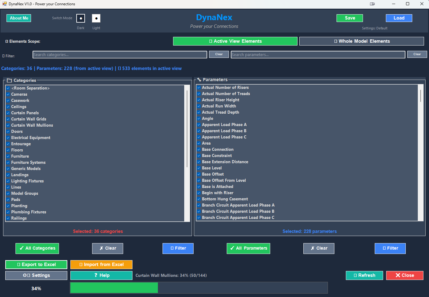 DynaNex Addin Interface - Dark Mode